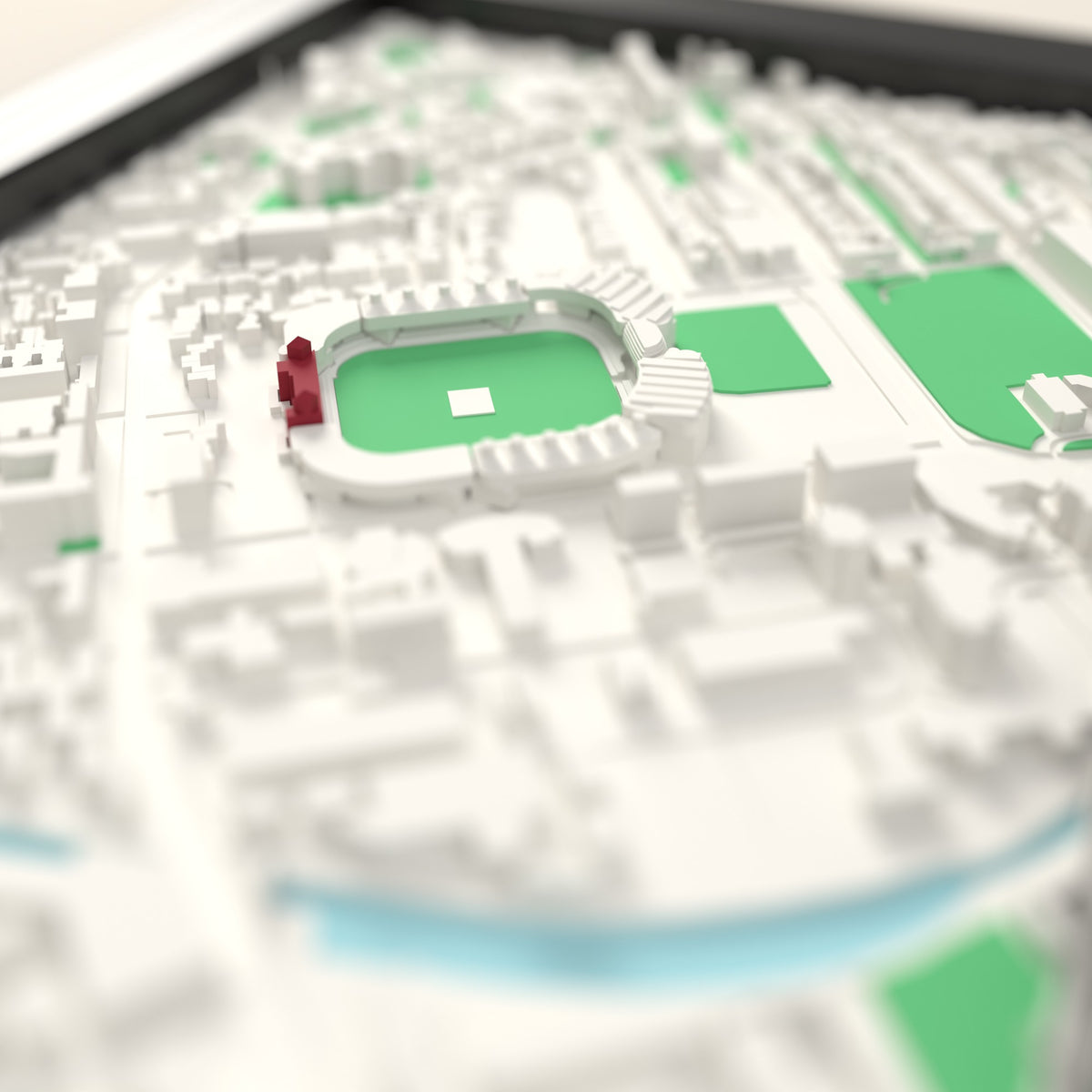 3D Lord's Cricket Ground Map Framed - Close-up across the 3D map: the Lord's Cricket Ground stands around the green outfield standing up from the streets