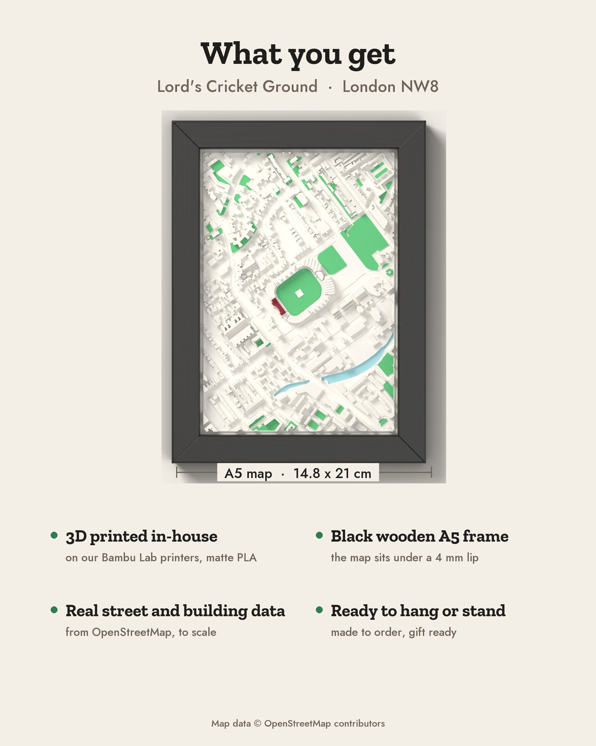 3D Lord's Cricket Ground Map Framed - What you get: A5 3D map, 14.8 x 21 cm, in a black wooden frame