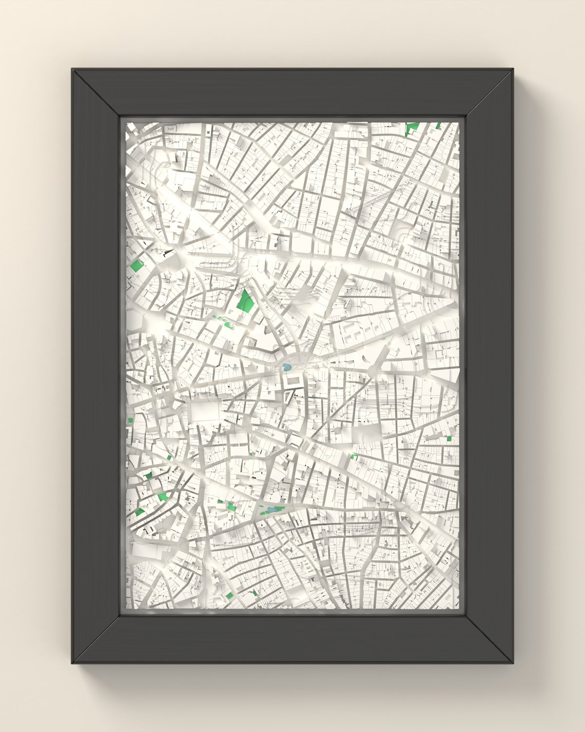 3D Madrid Map Framed - 3D printed Madrid map in a black wooden A5 frame, lit from the side