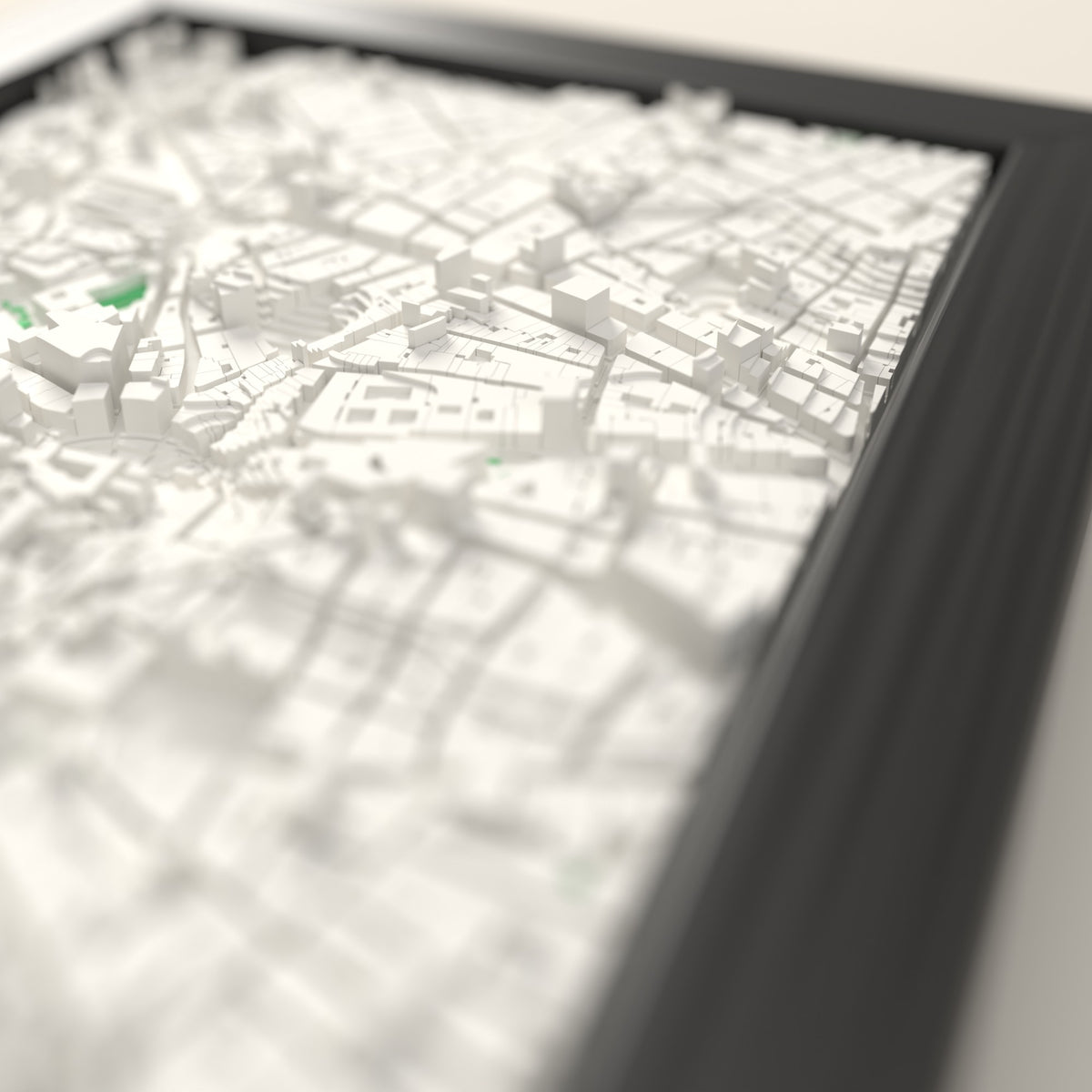 3D Madrid Map Framed - Close-up across the 3D Madrid map showing the raised streets and buildings