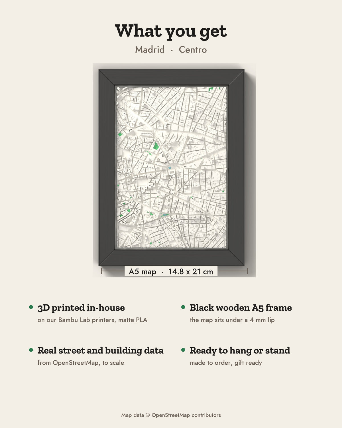 3D Madrid Map Framed - What you get: A5 3D city map, 14.8 x 21 cm, in a black wooden frame