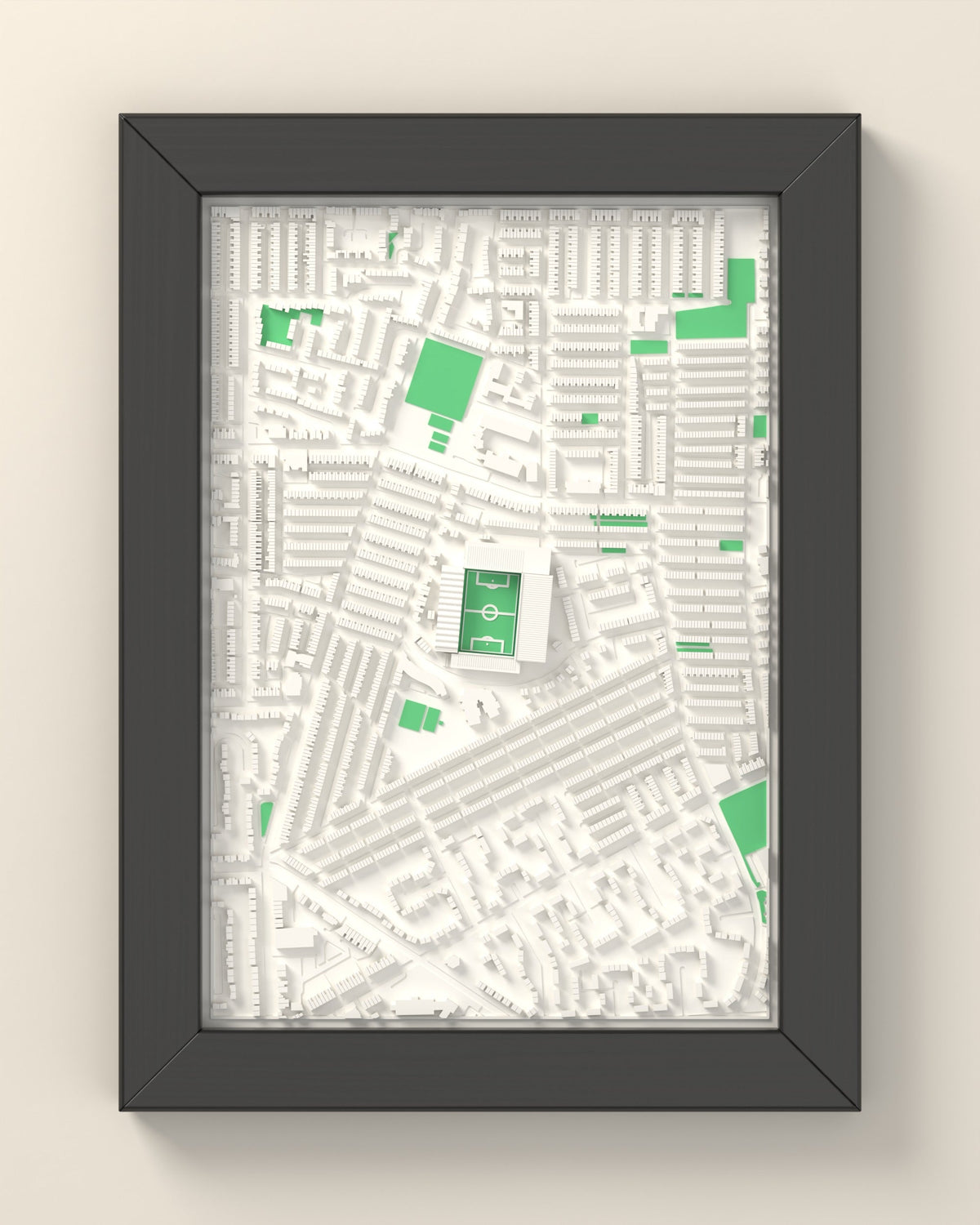 3D Maine Road Map Framed - 3D printed Maine Road lost ground map in a black wooden A5 frame, lit from the side
