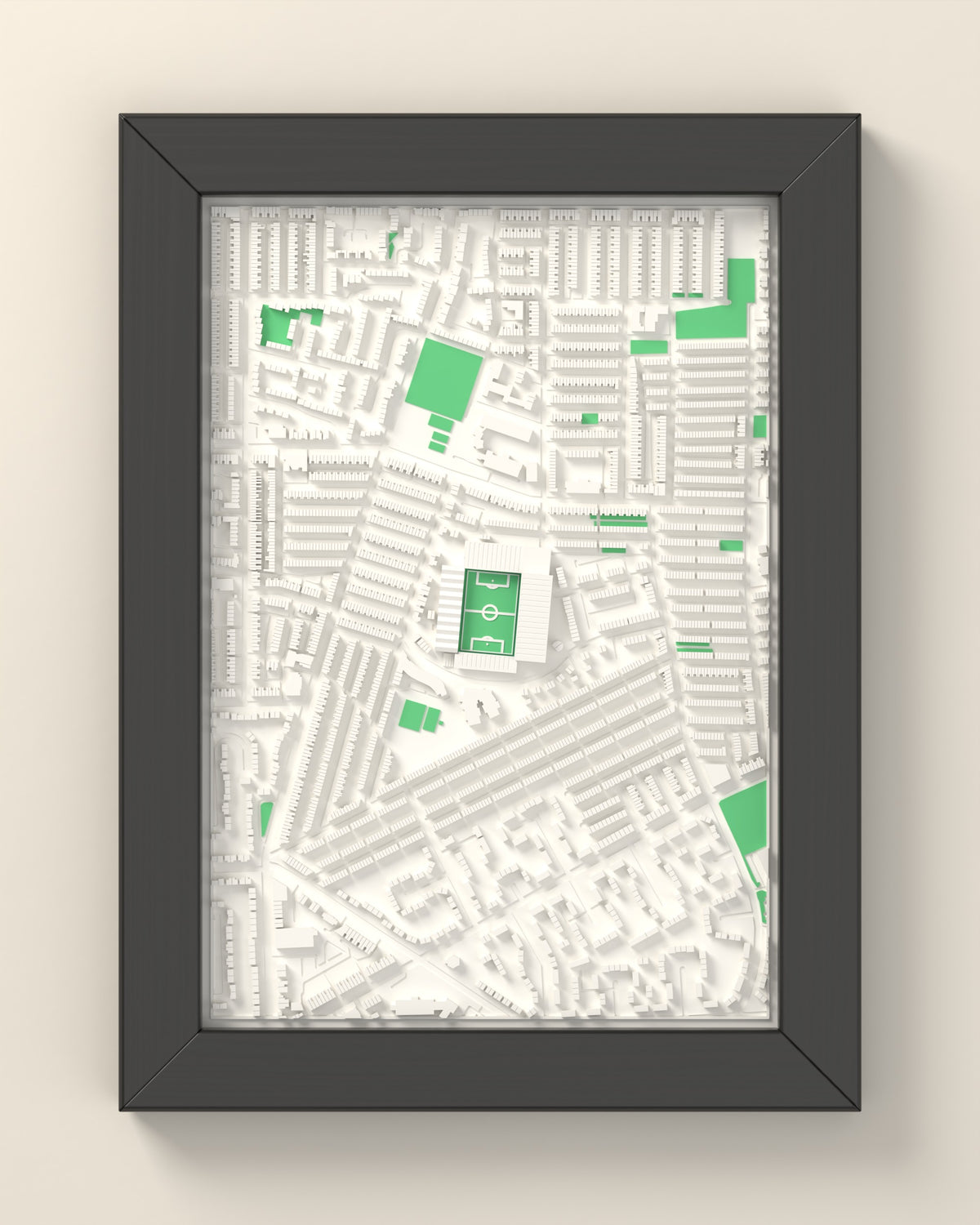 3D Maine Road Map Framed - 3D printed Maine Road lost ground map in a black wooden A5 frame, lit from the side