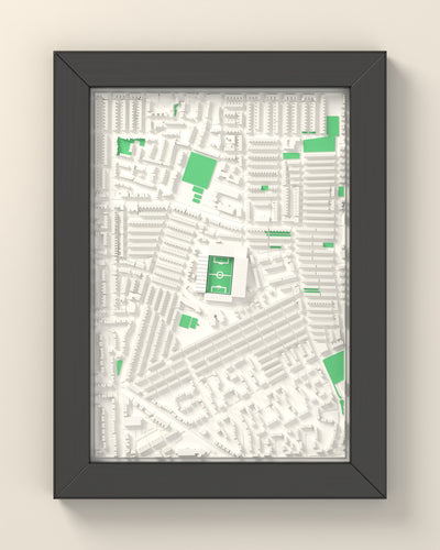 3D Maine Road Map Framed - 3D printed Maine Road lost ground map in a black wooden A5 frame, lit from the side