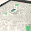 3D Maine Road Map Framed - Close-up across the 3D map showing the old Maine Road stands and green pitch standing up from the streets
