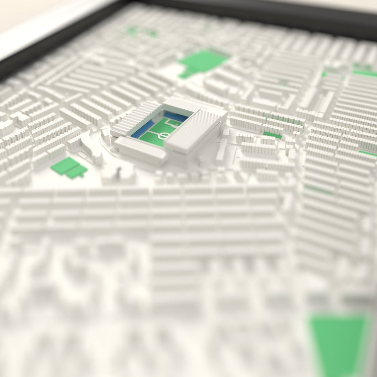 3D Maine Road Map Framed - Close-up across the 3D map showing the old Maine Road stands and green pitch standing up from the streets