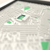 3D Maine Road Map Framed - Close-up across the 3D map showing the old Maine Road stands and green pitch standing up from the streets