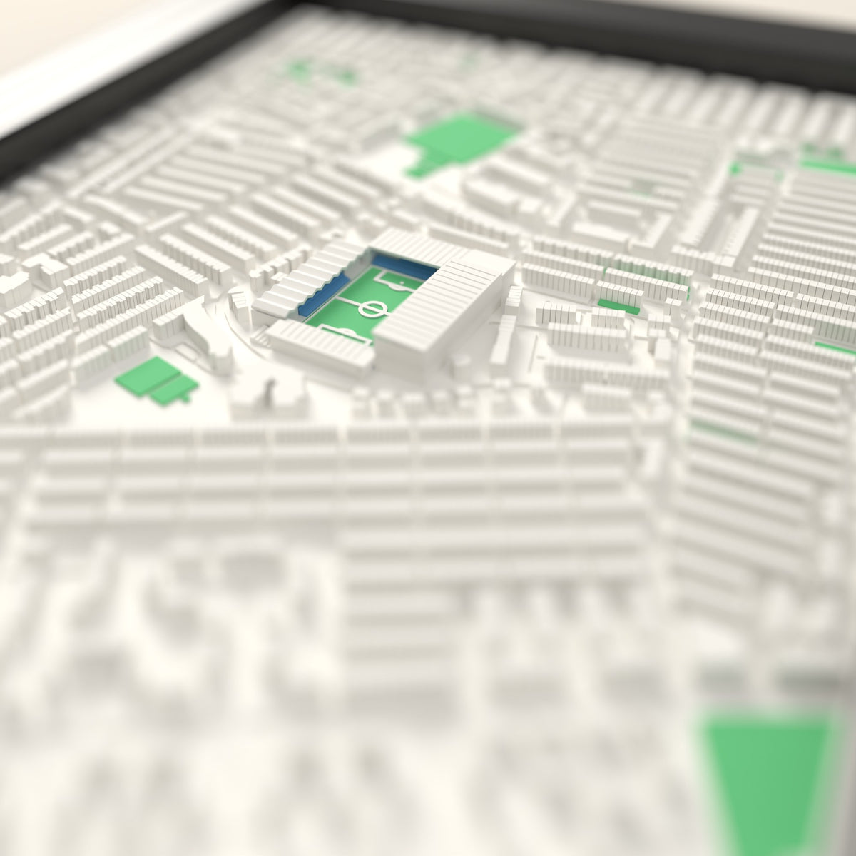 3D Maine Road Map Framed - Close-up across the 3D map showing the old Maine Road stands and green pitch standing up from the streets
