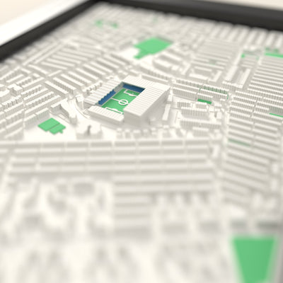 3D Maine Road Map Framed - Close-up across the 3D map showing the old Maine Road stands and green pitch standing up from the streets