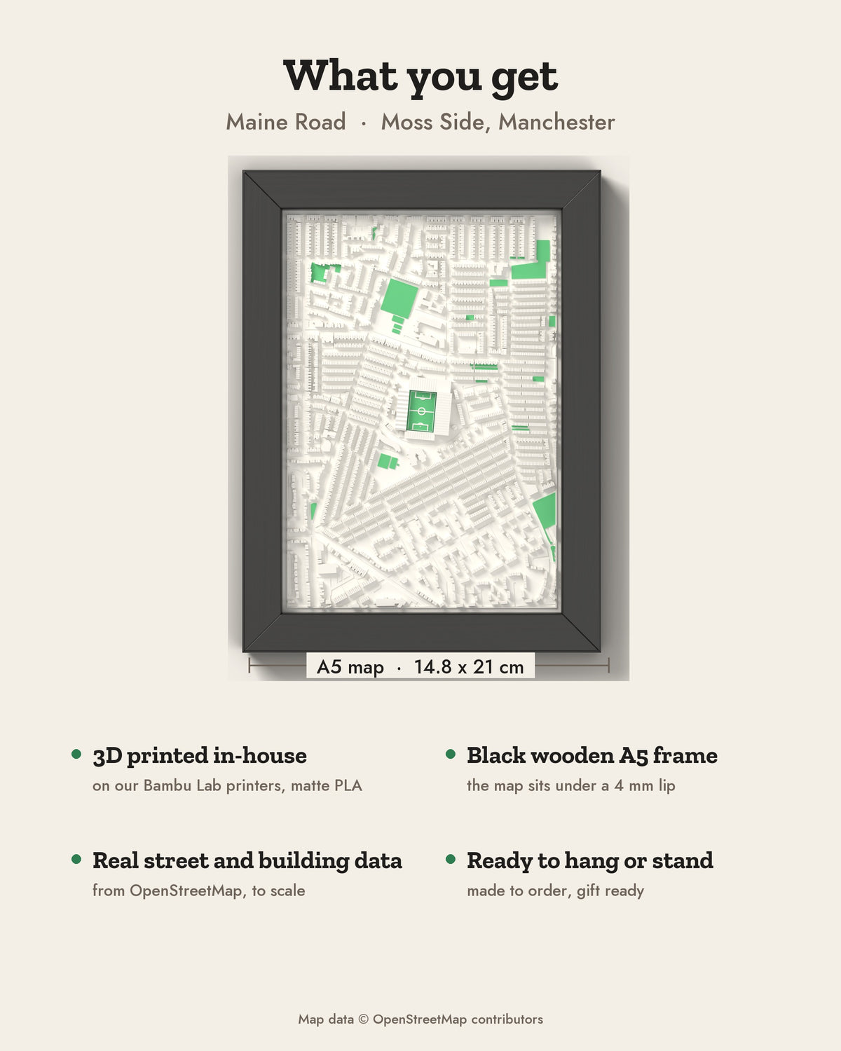 3D Maine Road Map Framed - What you get: A5 3D stadium map, 14.8 x 21 cm, in a black wooden frame