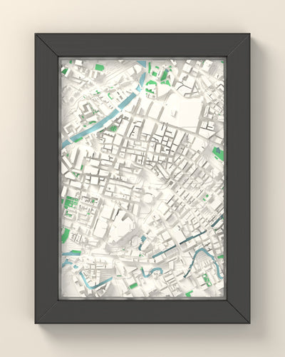3D Manchester Map Framed - 3D printed Manchester map in a black wooden A5 frame, lit from the side