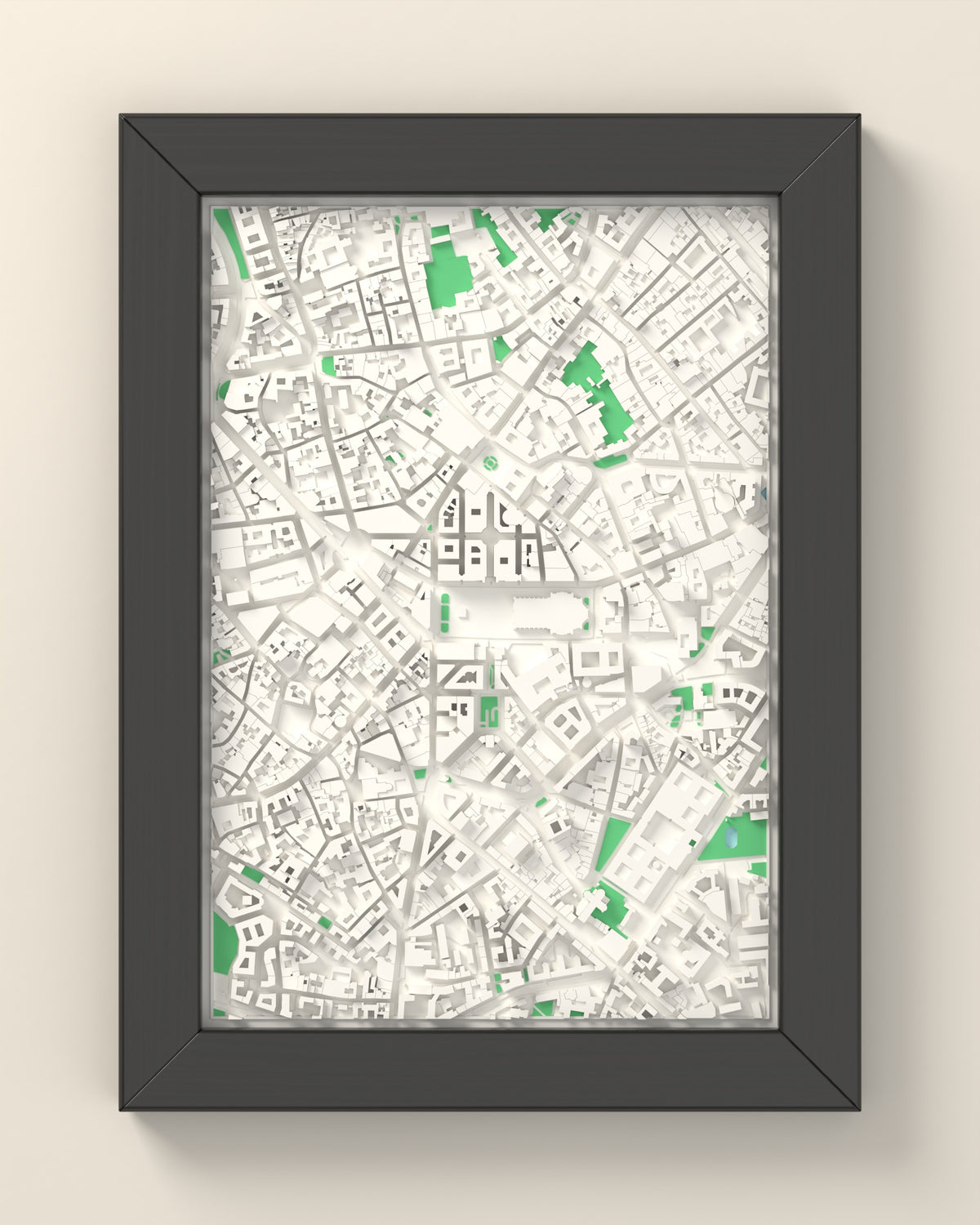 3D Milan Map Framed - 3D printed Milan map in a black wooden A5 frame, lit from the side