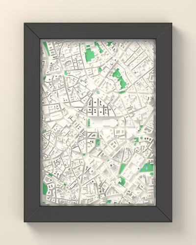 3D Milan Map Framed - 3D printed Milan map in a black wooden A5 frame, lit from the side