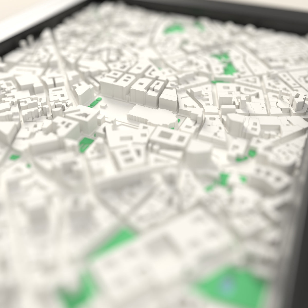 3D Milan Map Framed - Close-up across the 3D Milan map showing the raised streets and buildings