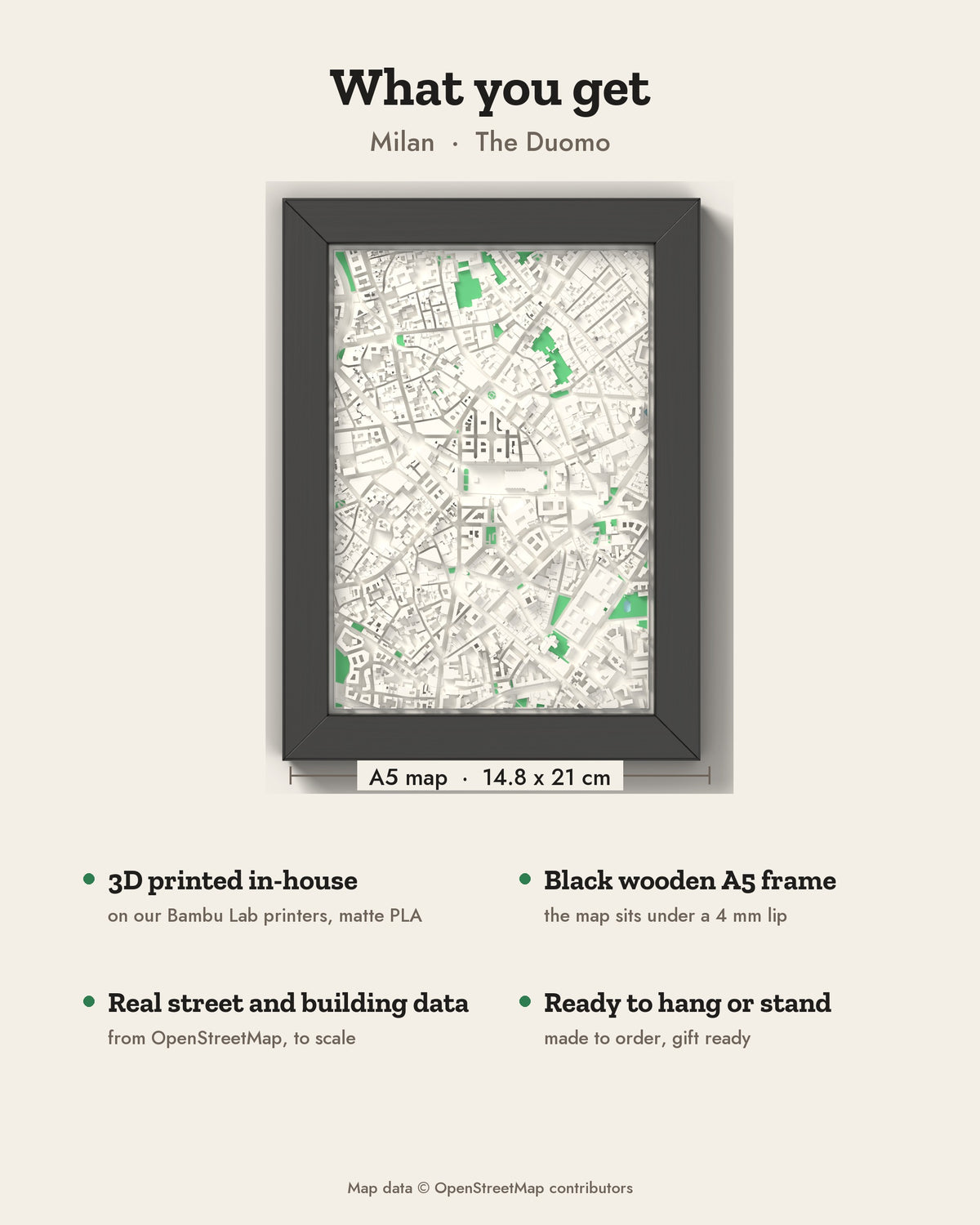 3D Milan Map Framed - What you get: A5 3D city map, 14.8 x 21 cm, in a black wooden frame