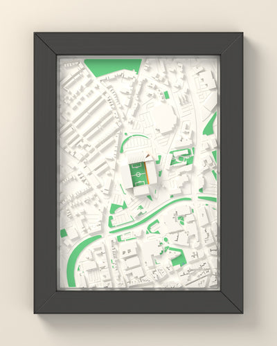 3D Molineux Map Framed - 3D printed Molineux map in a black wooden A5 frame, lit from the side