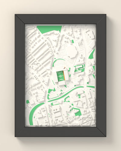 3D Molineux Map Framed - 3D printed Molineux map in a black wooden A5 frame, lit from the side