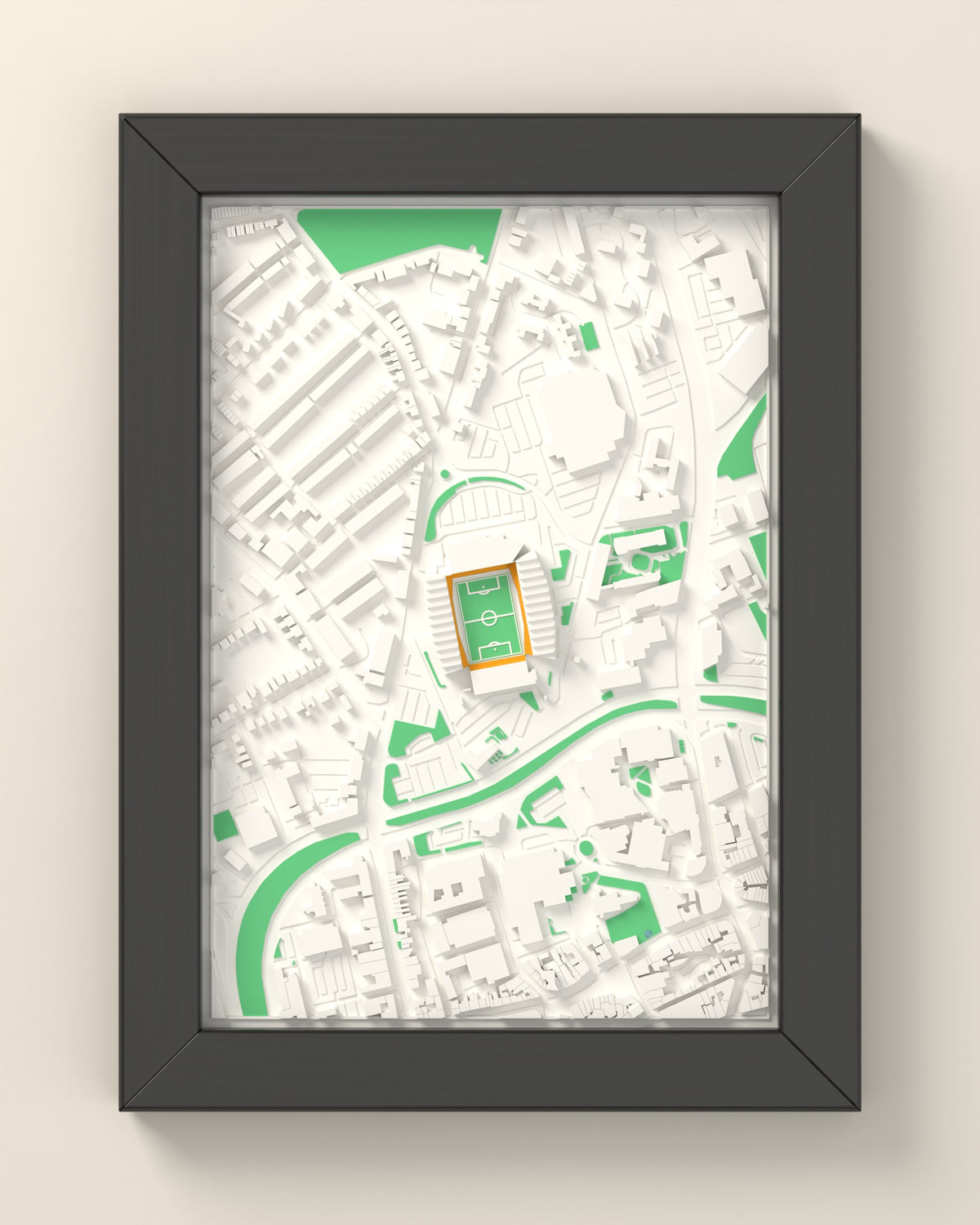 3D Molineux Map Framed - 3D printed Molineux map in a black wooden A5 frame, lit from the side