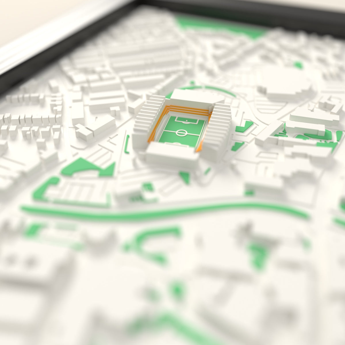3D Molineux Map Framed - Close-up across the 3D map: the real Molineux stands with amber seats around the green pitch