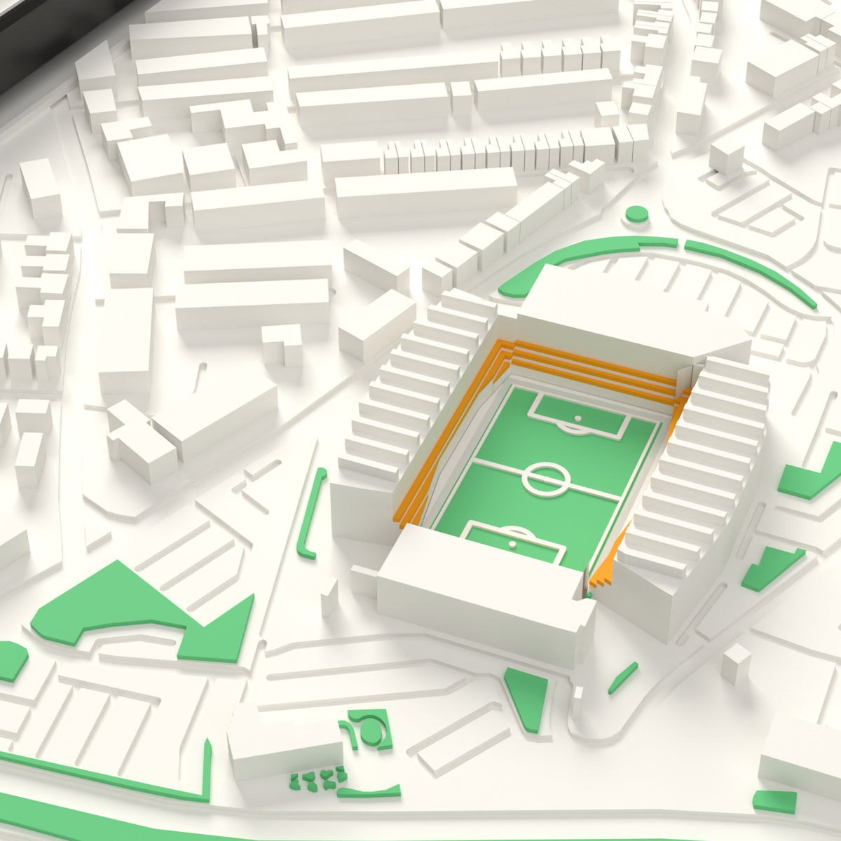 3D Molineux Map Framed - Detail of the 3D printed Molineux: every stand modelled from the real ground, seats in amber