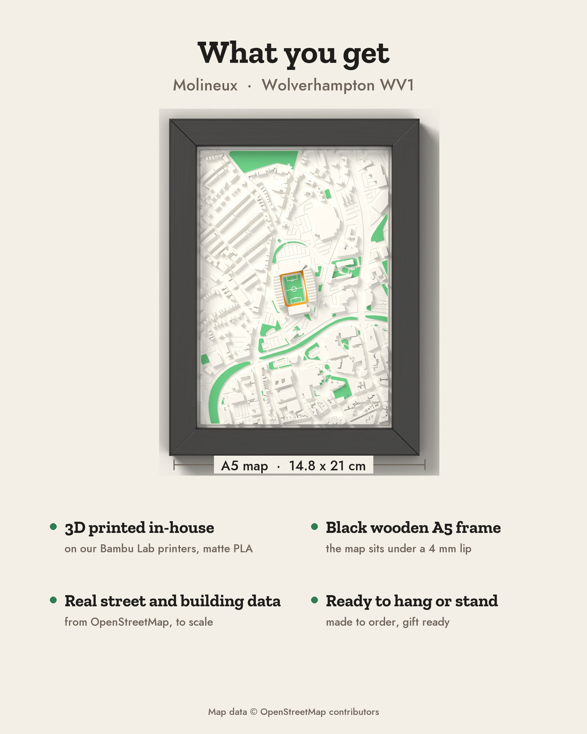 3D Molineux Map Framed - What you get: A5 3D stadium map, 14.8 x 21 cm, in a black wooden frame