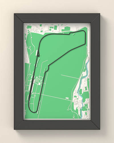 3D Monza Circuit Map Framed - 3D printed Monza Circuit map in a black wooden A5 frame, the track raised in dark grey