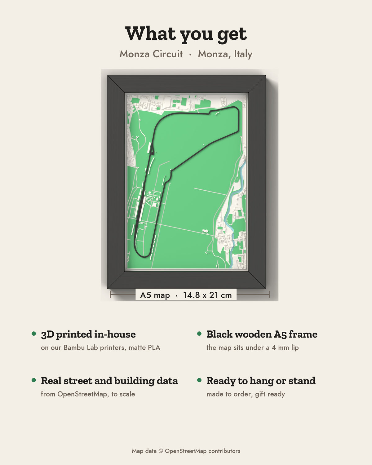 3D Monza Circuit Map Framed - What you get: A5 3D circuit map, 14.8 x 21 cm, in a black wooden frame