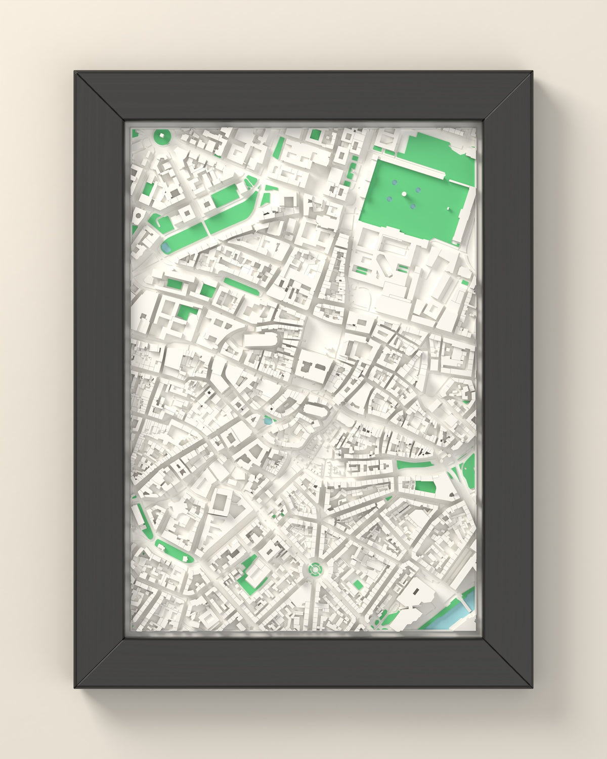 3D Munich Map Framed - 3D printed Munich map in a black wooden A5 frame, lit from the side