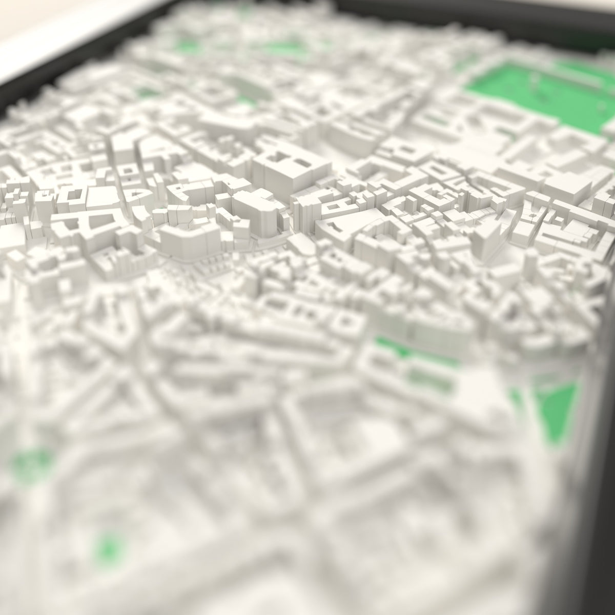 3D Munich Map Framed - Close-up across the 3D Munich map showing the raised streets and buildings