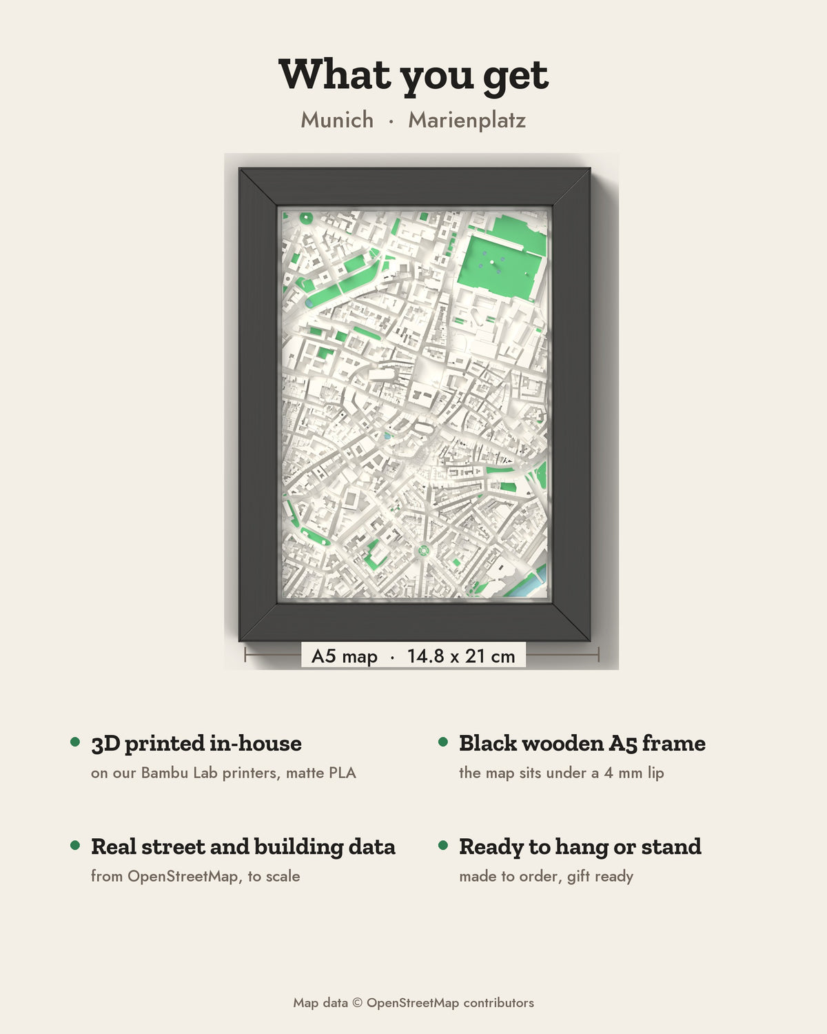 3D Munich Map Framed - What you get: A5 3D city map, 14.8 x 21 cm, in a black wooden frame