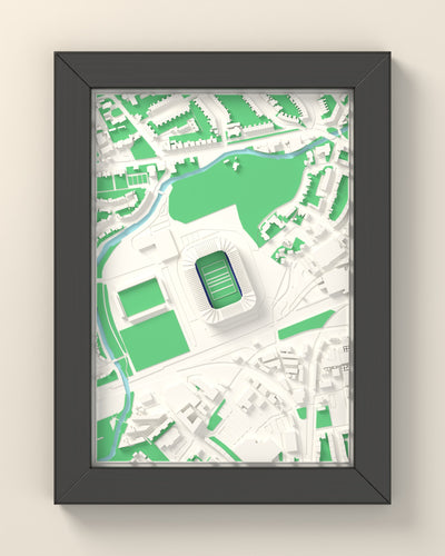 3D Murrayfield Stadium Map Framed - 3D printed Murrayfield Stadium map in a black wooden A5 frame, lit from the side