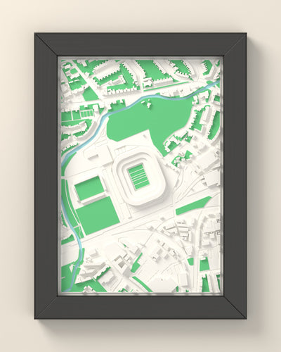 3D Murrayfield Stadium Map Framed - 3D printed Murrayfield Stadium map in a black wooden A5 frame, lit from the side