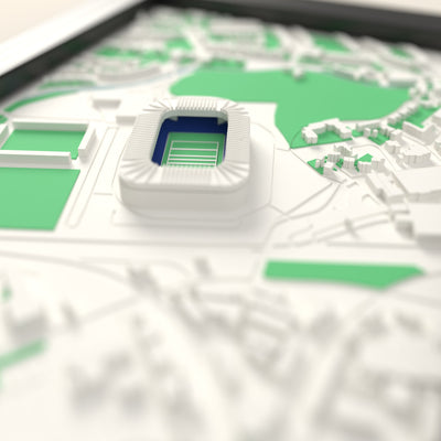 3D Murrayfield Stadium Map Framed - Close-up across the 3D map: the real Murrayfield Stadium stands with royal blue seats around the green pitch