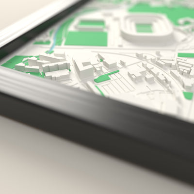 3D Murrayfield Stadium Map Framed - Close-up across the 3D map showing the Murrayfield Stadium stands and green pitch standing up from the streets