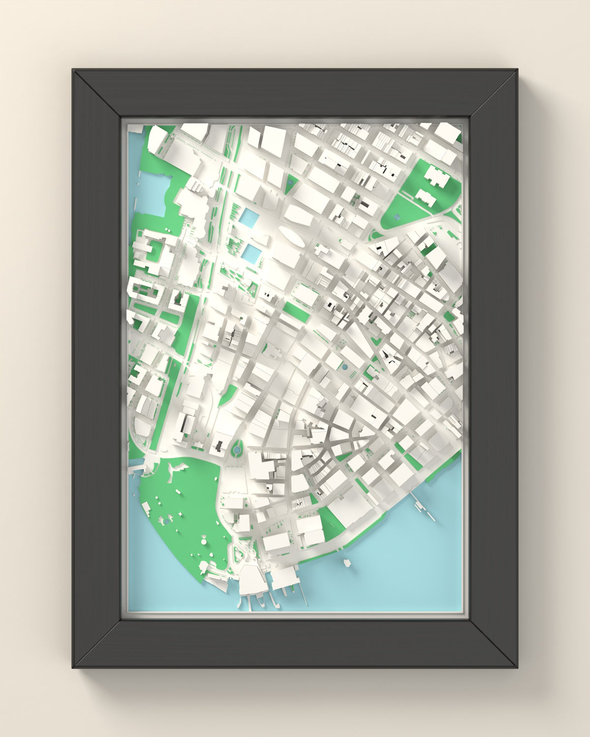 3D New York Map Framed - 3D printed New York map in a black wooden A5 frame, lit from the side
