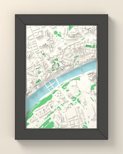3D Newcastle Map Framed - 3D printed Newcastle map in a black wooden A5 frame, lit from the side
