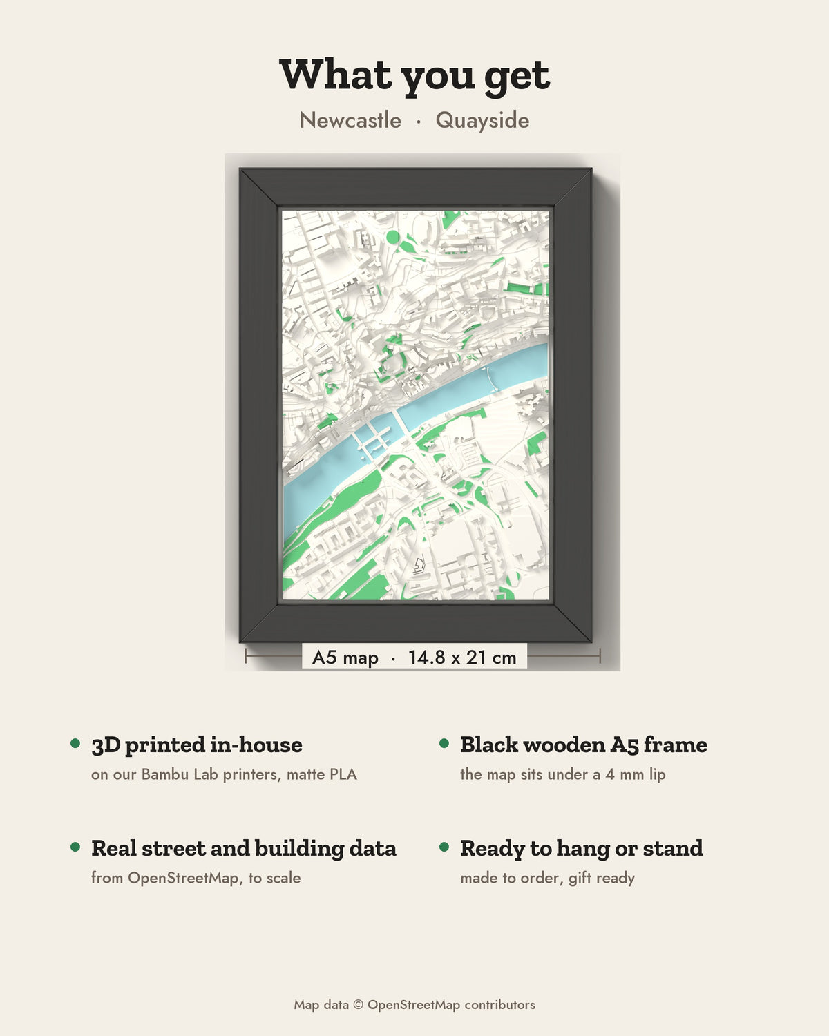 3D Newcastle Map Framed - What you get: A5 3D city map, 14.8 x 21 cm, in a black wooden frame