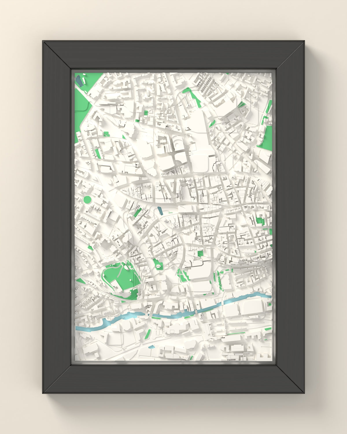 3D Nottingham Map Framed - 3D printed Nottingham map in a black wooden A5 frame, lit from the side