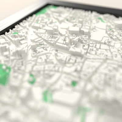 3D Nottingham Map Framed - Close-up across the 3D Nottingham map showing the raised streets and buildings