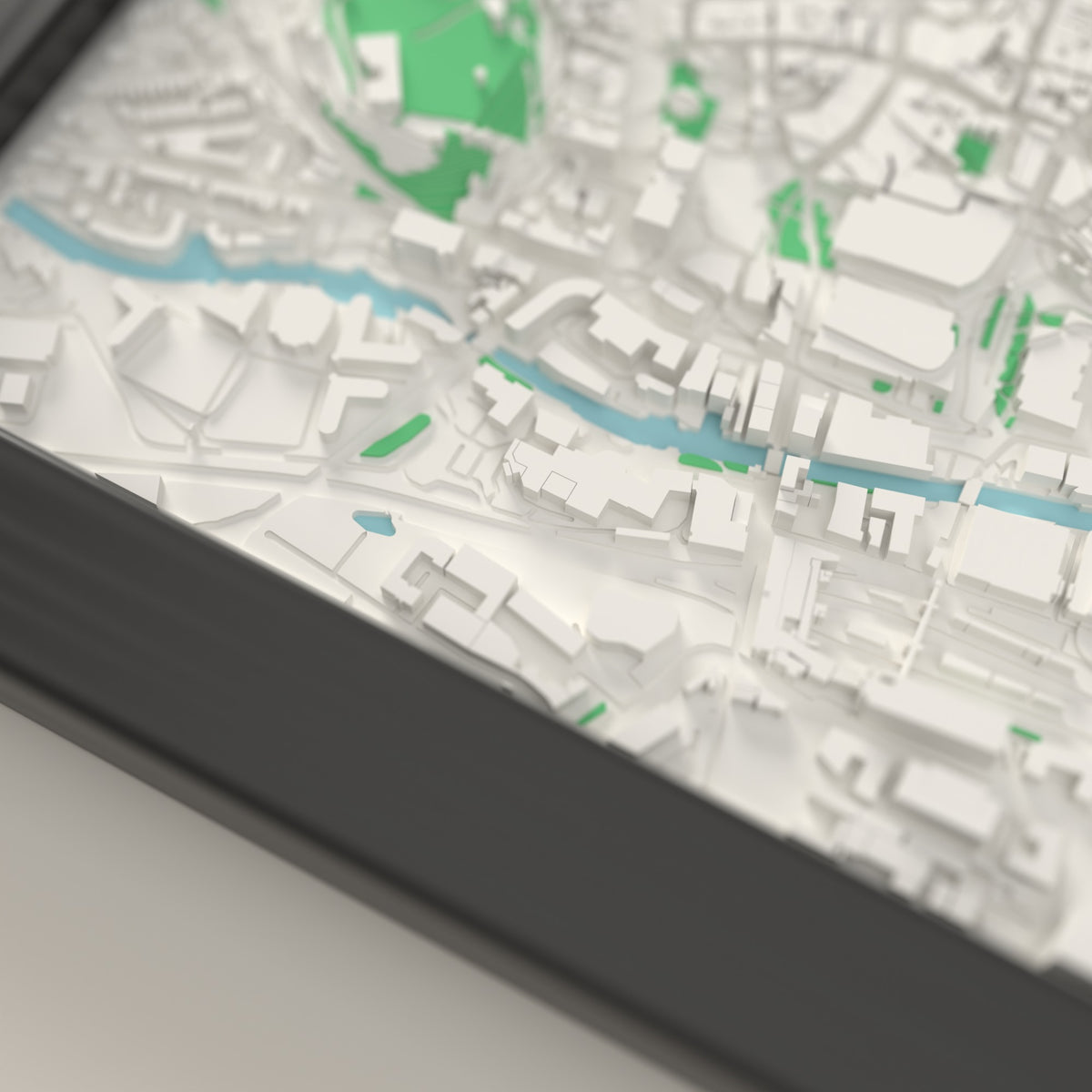 3D Nottingham Map Framed - Close-up of the raised streets of Nottingham on the 3D printed map