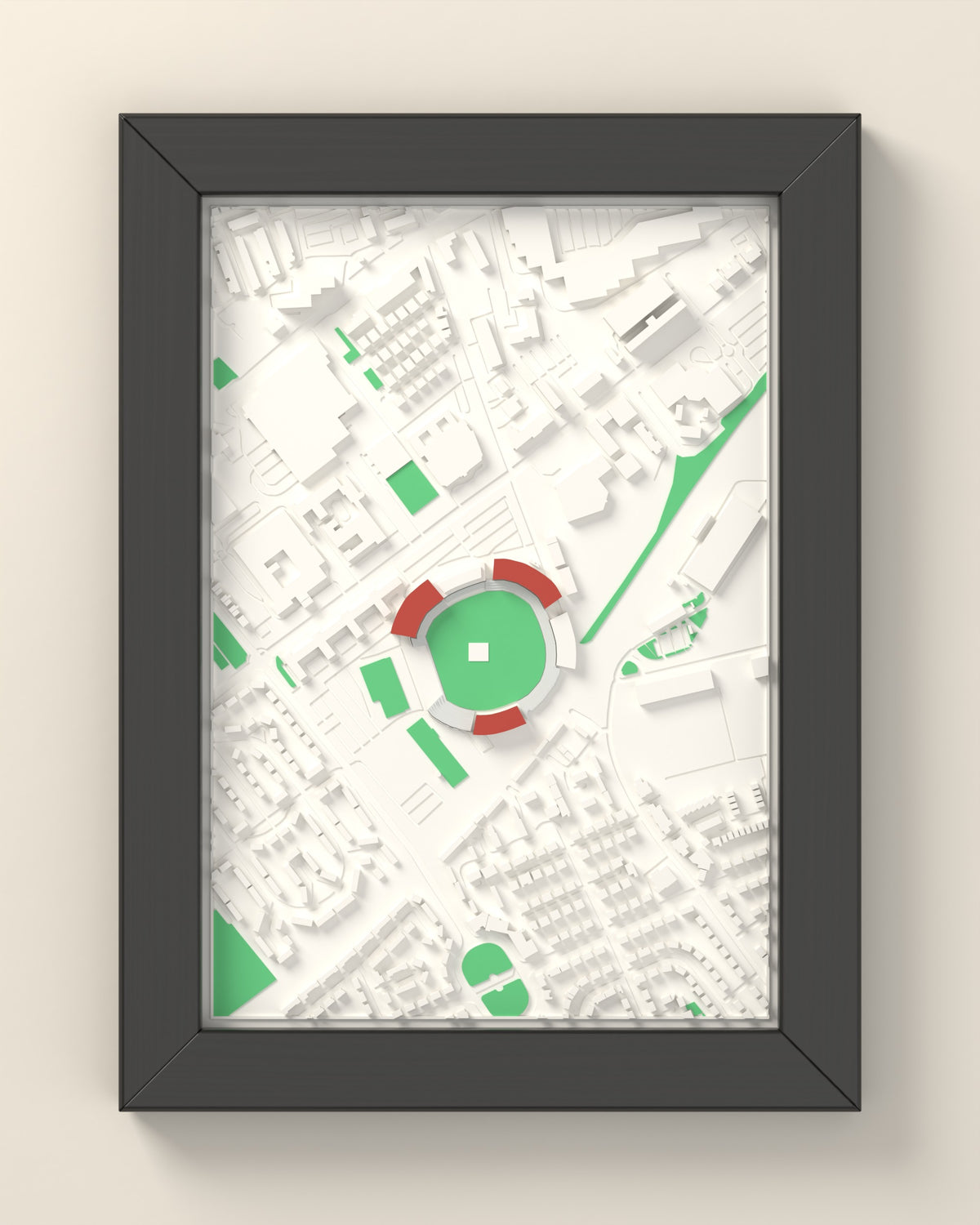 3D Old Trafford Cricket Ground Map Framed - 3D printed Old Trafford Cricket Ground map in a black wooden A5 frame, lit from the side