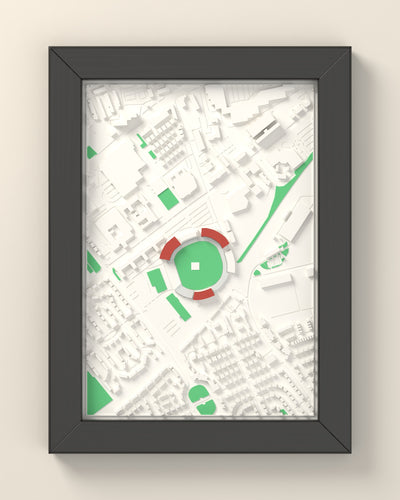 3D Old Trafford Cricket Ground Map Framed - 3D printed Old Trafford Cricket Ground map in a black wooden A5 frame, lit from the side