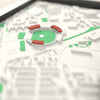 3D Old Trafford Cricket Ground Map Framed - Close-up across the 3D map: the Old Trafford Cricket Ground stands around the green outfield standing up from the streets