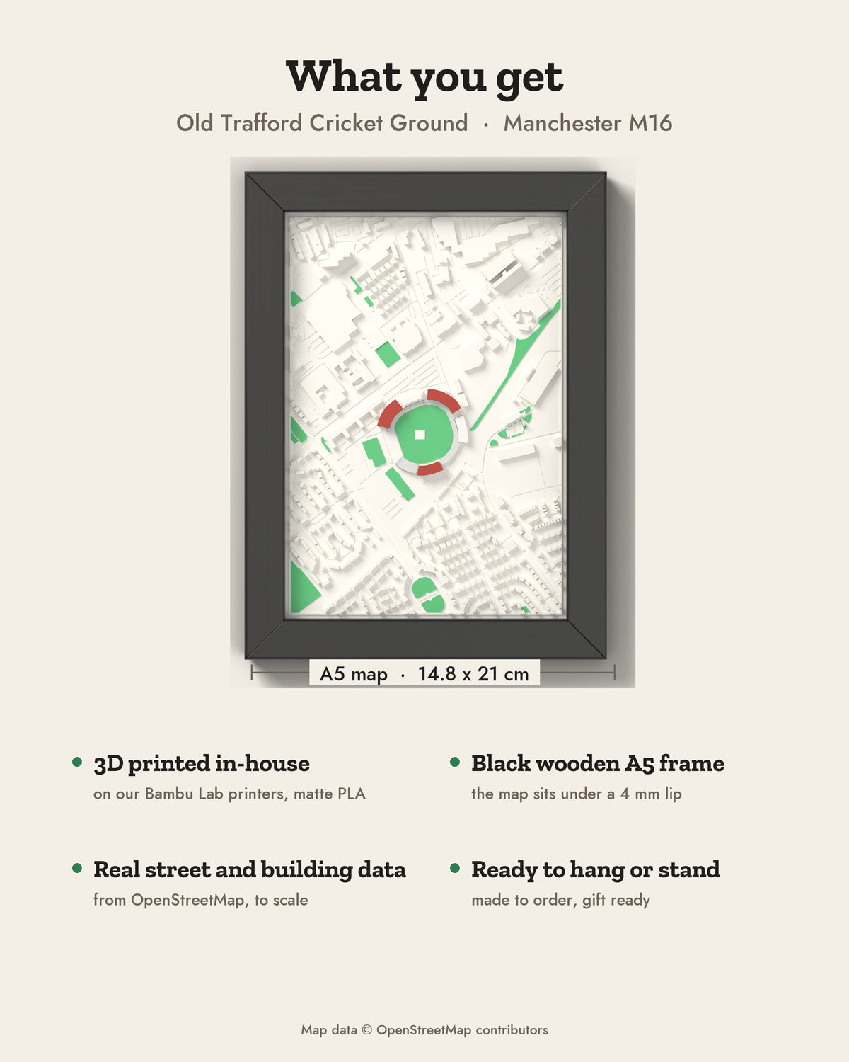 3D Old Trafford Cricket Ground Map Framed - What you get: A5 3D map, 14.8 x 21 cm, in a black wooden frame