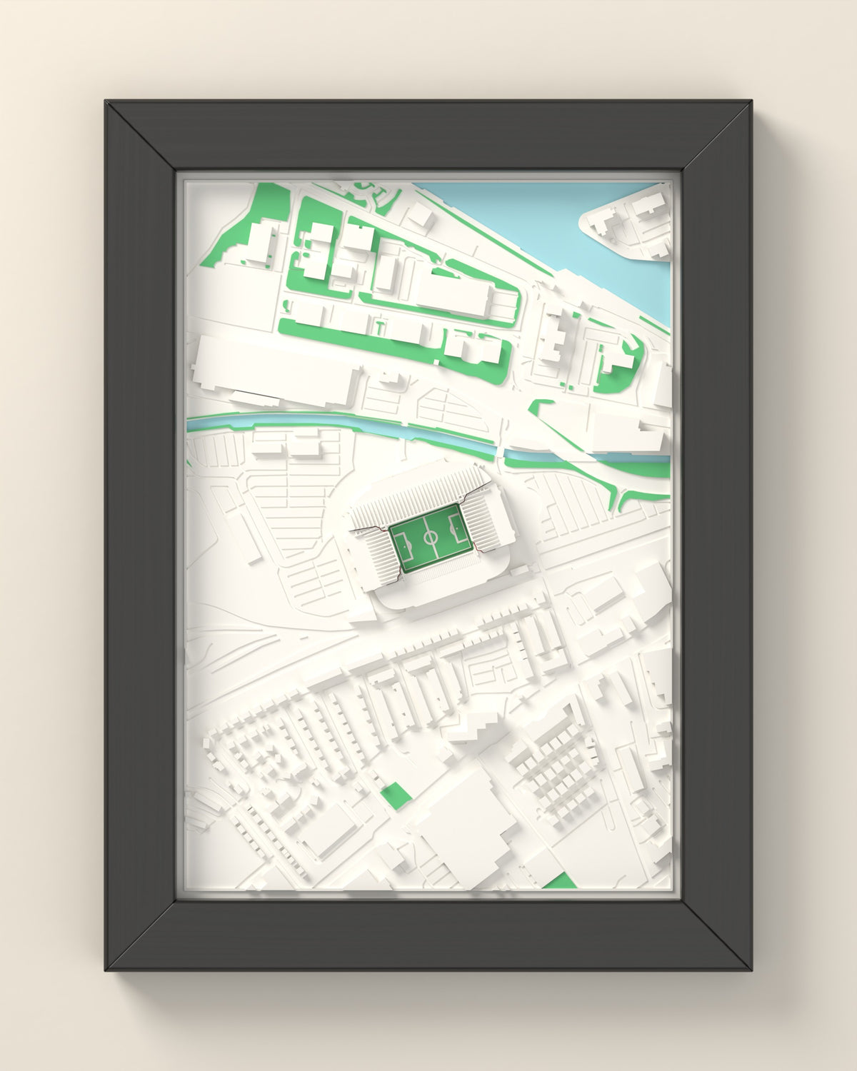 3D Old Trafford Map Framed - 3D printed Old Trafford map in a black wooden A5 frame, lit from the side