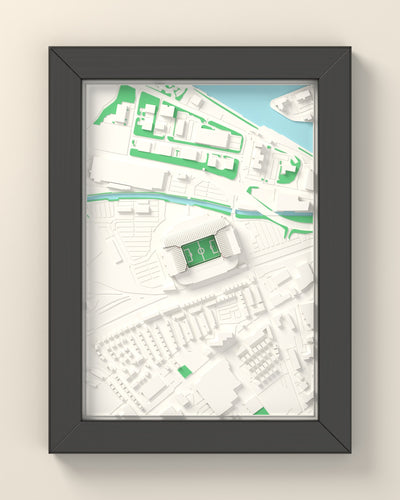 3D Old Trafford Map Framed - 3D printed Old Trafford map in a black wooden A5 frame, lit from the side