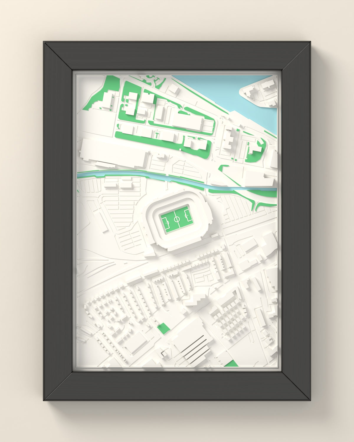 3D Old Trafford Map Framed - 3D printed Old Trafford map in a black wooden A5 frame, lit from the side