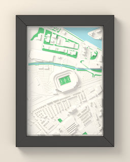 3D Old Trafford Map Framed - 3D printed Old Trafford map in a black wooden A5 frame, lit from the side