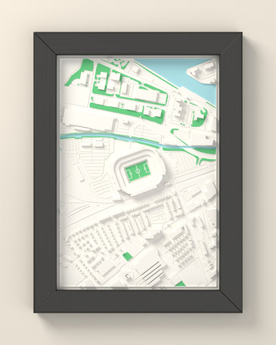 3D Old Trafford Map Framed - 3D printed Old Trafford map in a black wooden A5 frame, lit from the side
