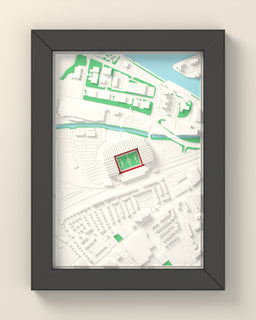 3D Old Trafford Map Framed - 3D printed Old Trafford map in a black wooden A5 frame, lit from the side